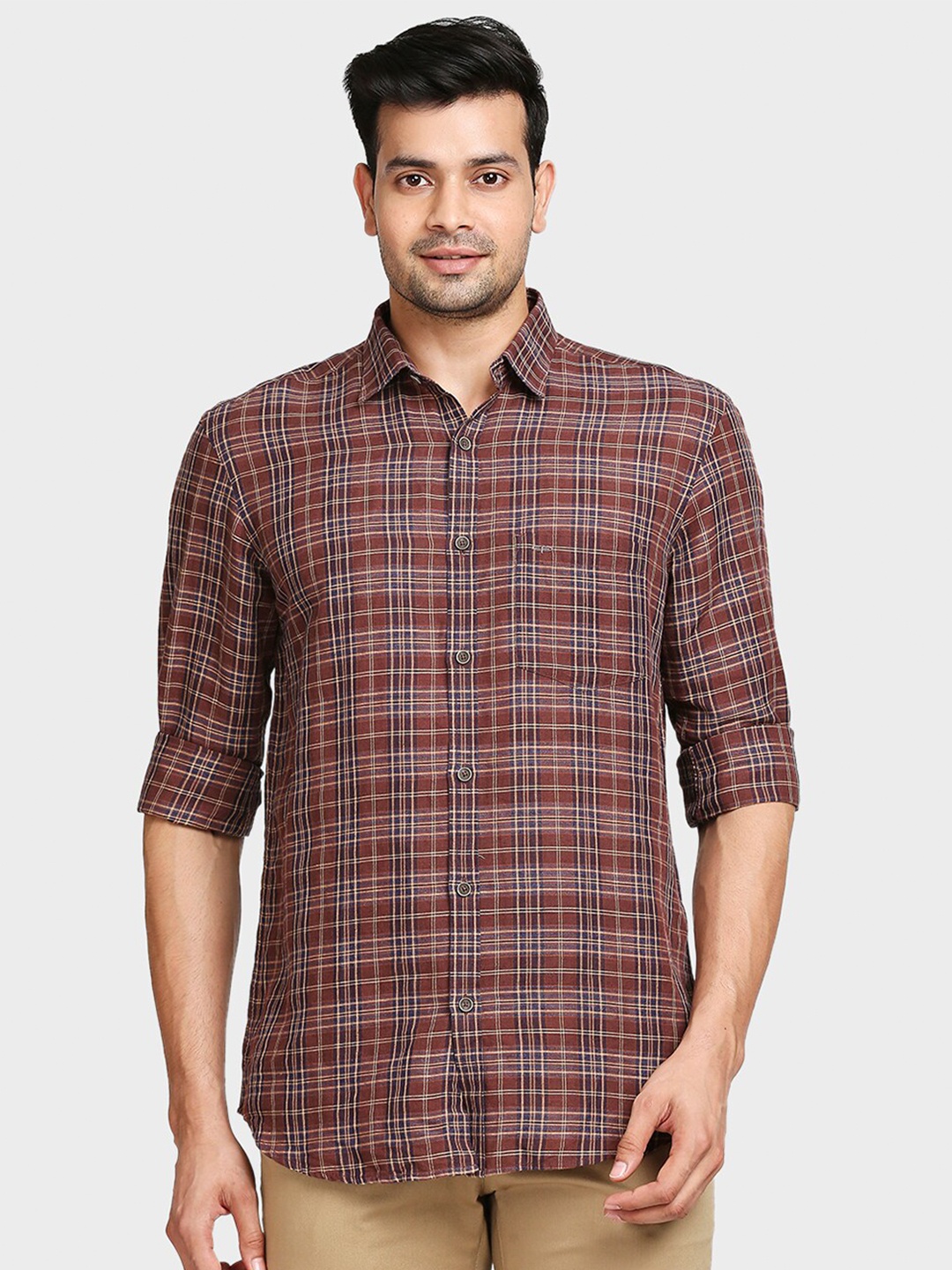 

ColorPlus Men Brown Tailored Fit Micro Checks Checked Casual Shirt