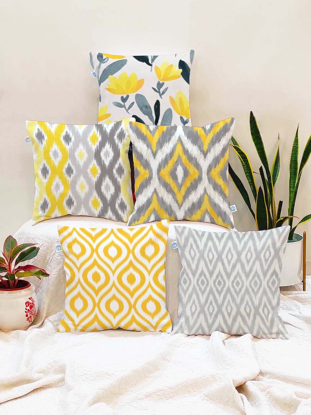 

STITCHNEST Yellow & Grey Set of 5 Ikat Print Square Cushion Covers