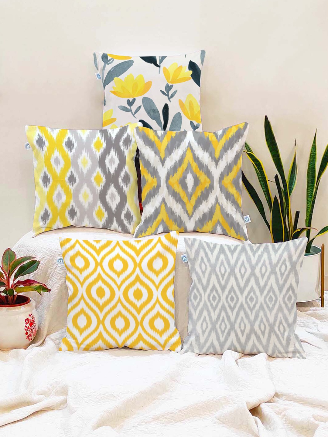 

STITCHNEST Set of 5 Yellow & Grey Geometric Square Cushion Covers