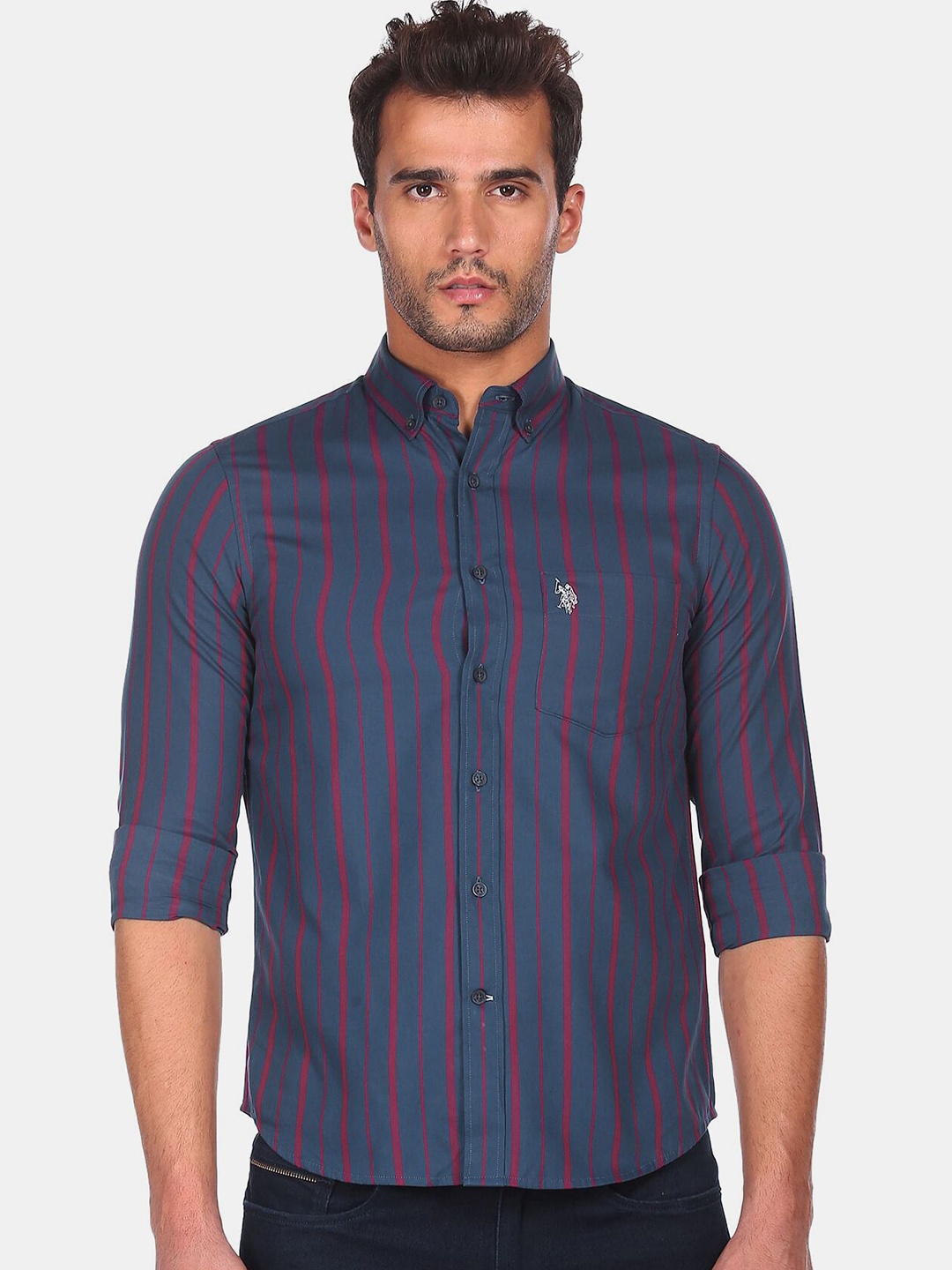 

U S Polo Assn Men Navy Blue Striped Casual Shirt