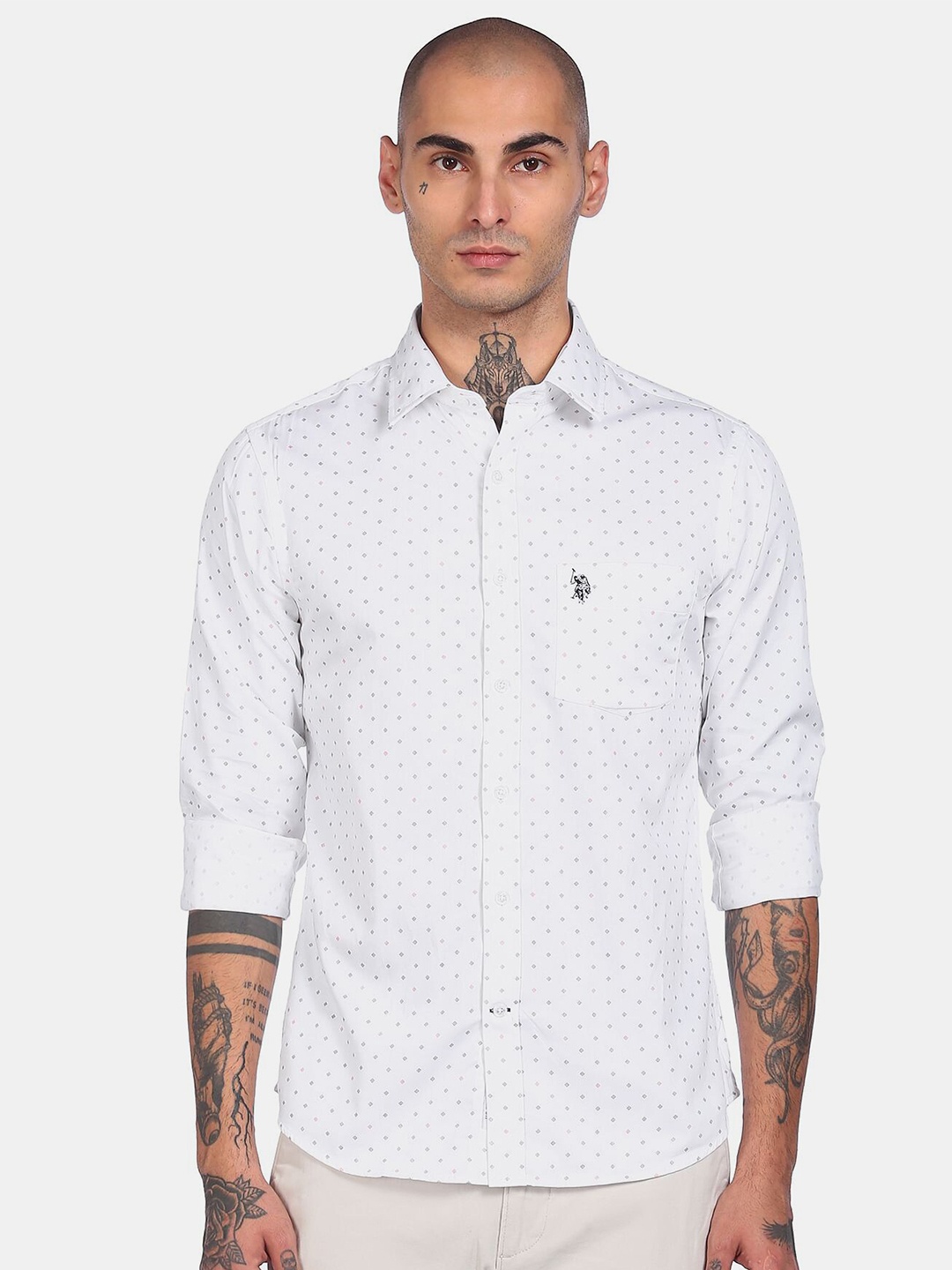 

U S Polo Assn Men White Opaque Printed Casual Shirt