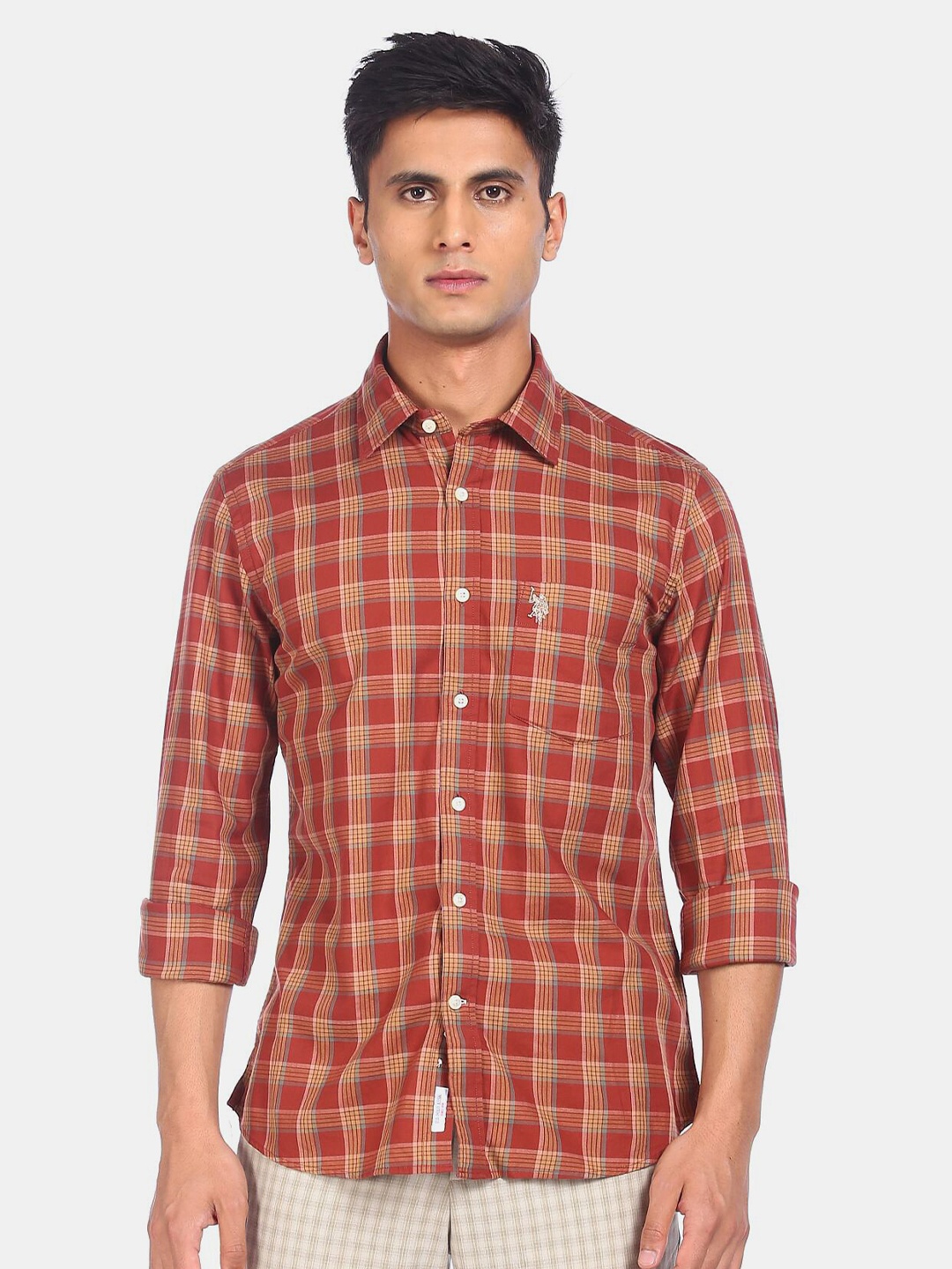 

U S Polo Assn Men Rust Red Checked Pure Cotton Casual Shirt