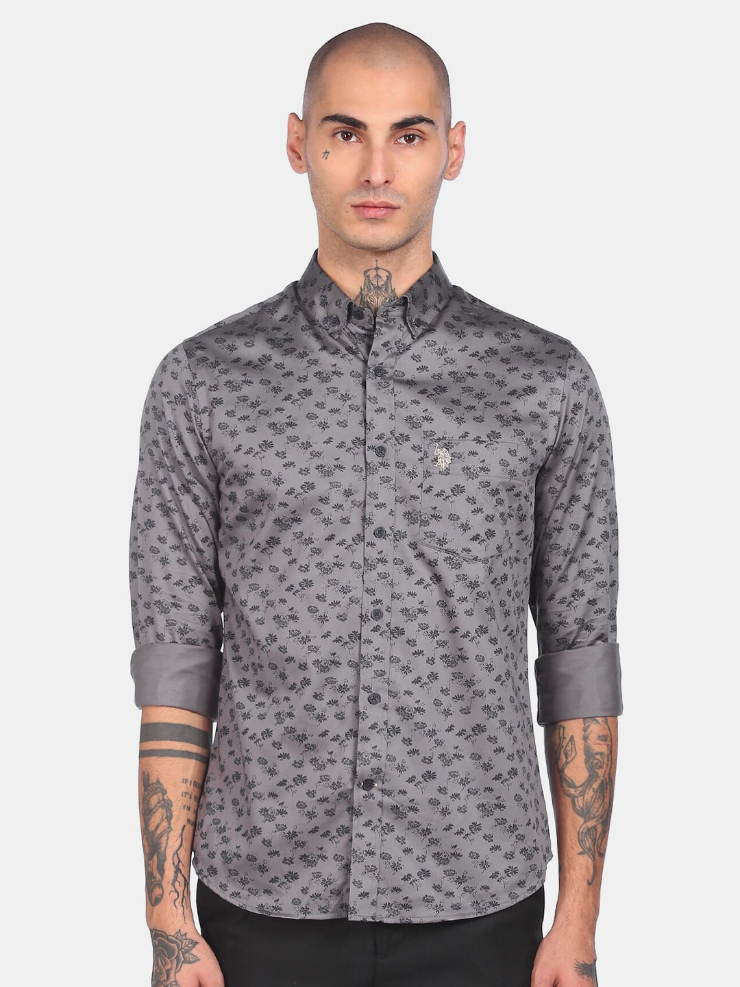 

U S Polo Assn Men Grey Floral Printed Casual Shirt