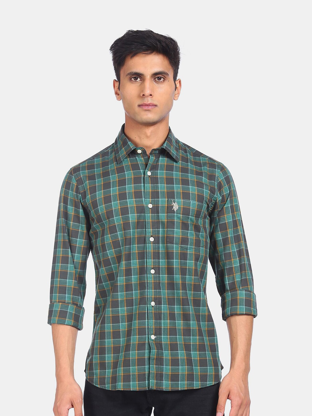 

U S Polo Assn Men Blue Tartan Checks Cotton Casual Shirt