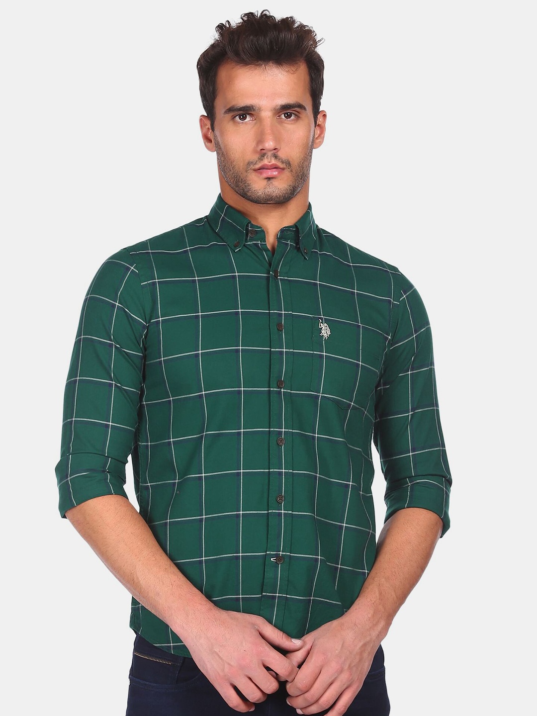 

U S Polo Assn Men Green Windowpane Checks Cotton Casual Shirt