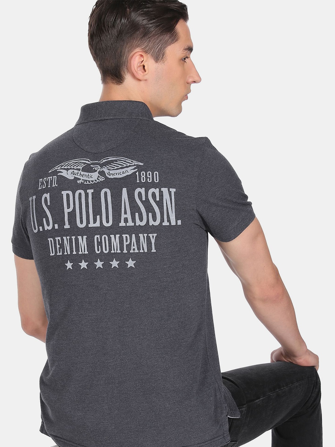 

U.S. Polo Assn. Denim Co. Men Grey Brand Logo Printed Polo Collar T-shirt