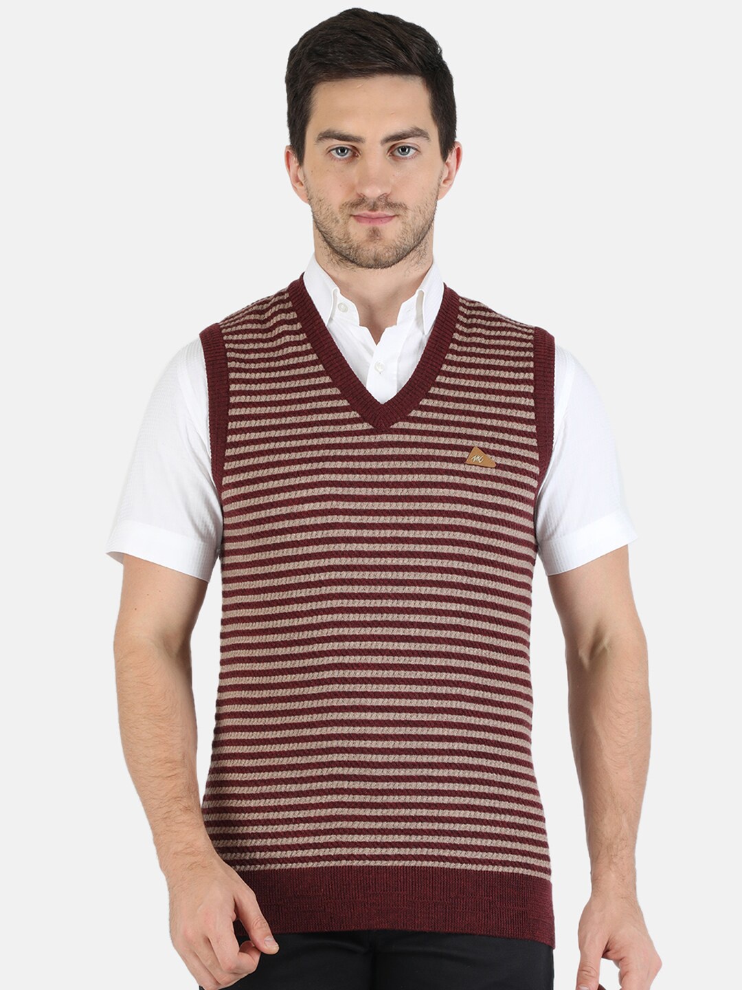 

Monte Carlo Men Maroon & Beige Striped Printed Woolen Sweater Vest