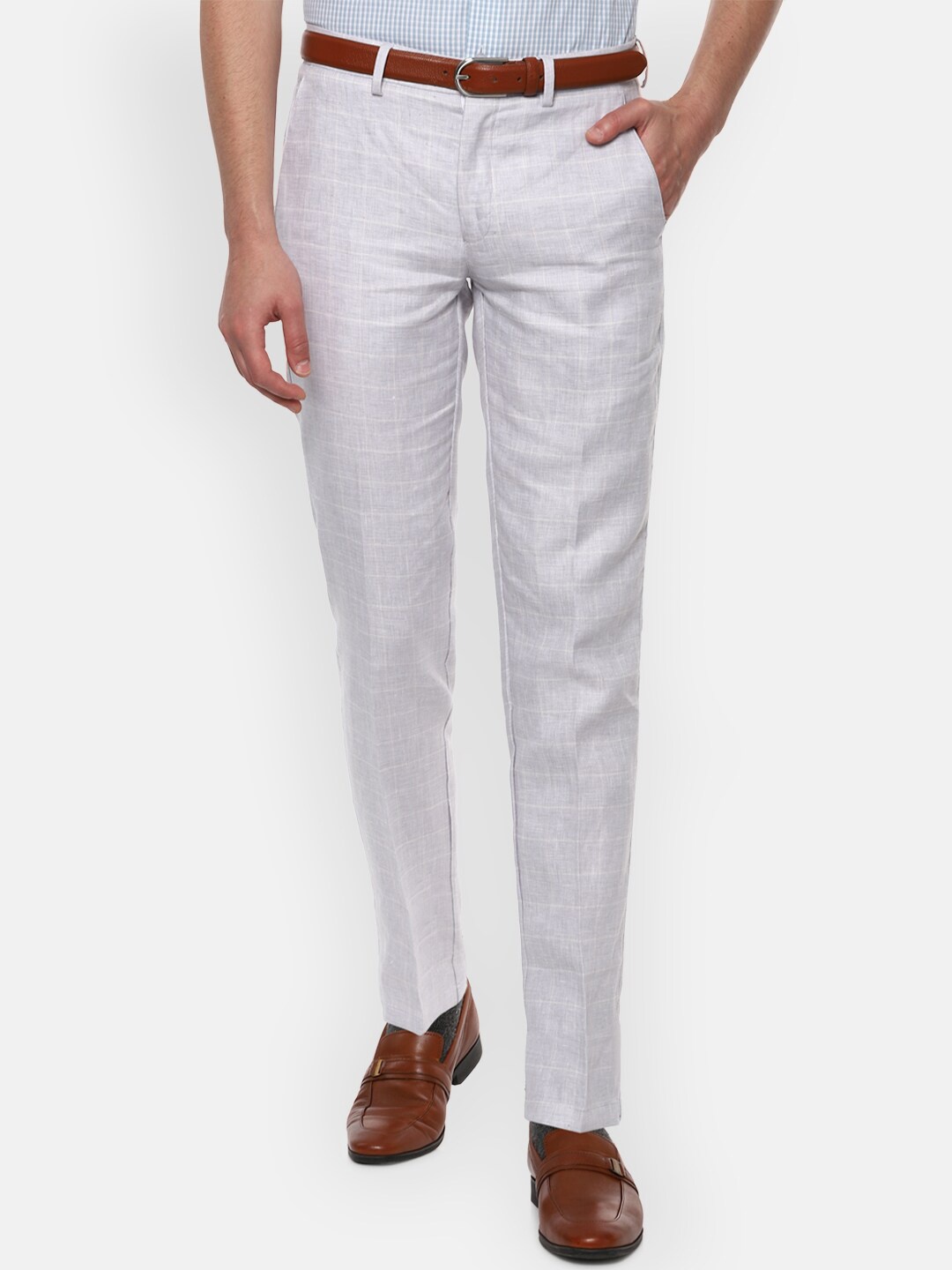 

Louis Philippe Men Grey Checked Slim Fit Linen Trousers