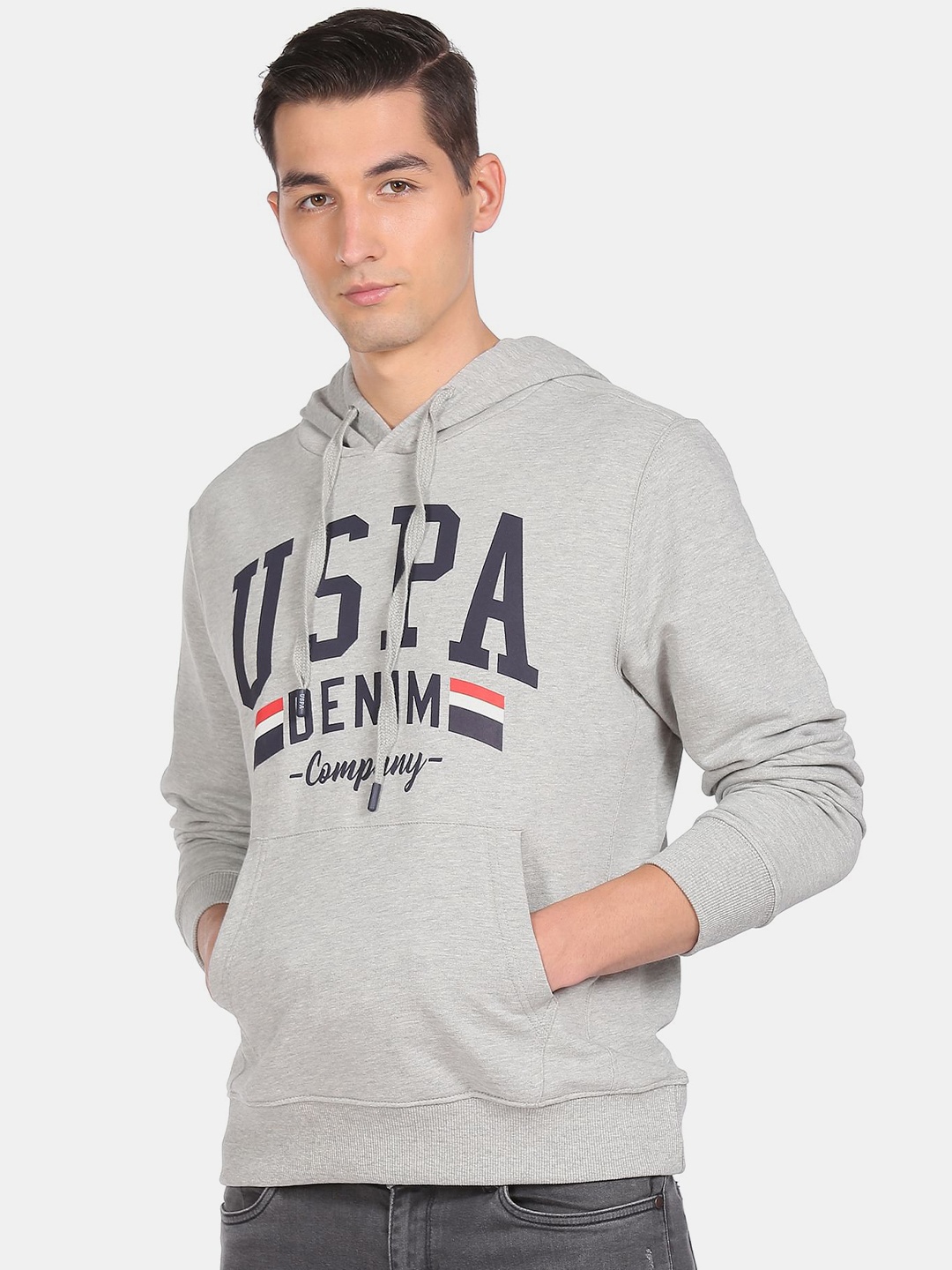 

U.S. Polo Assn. Denim Co. Men Grey Printed Hooded Sweatshirt