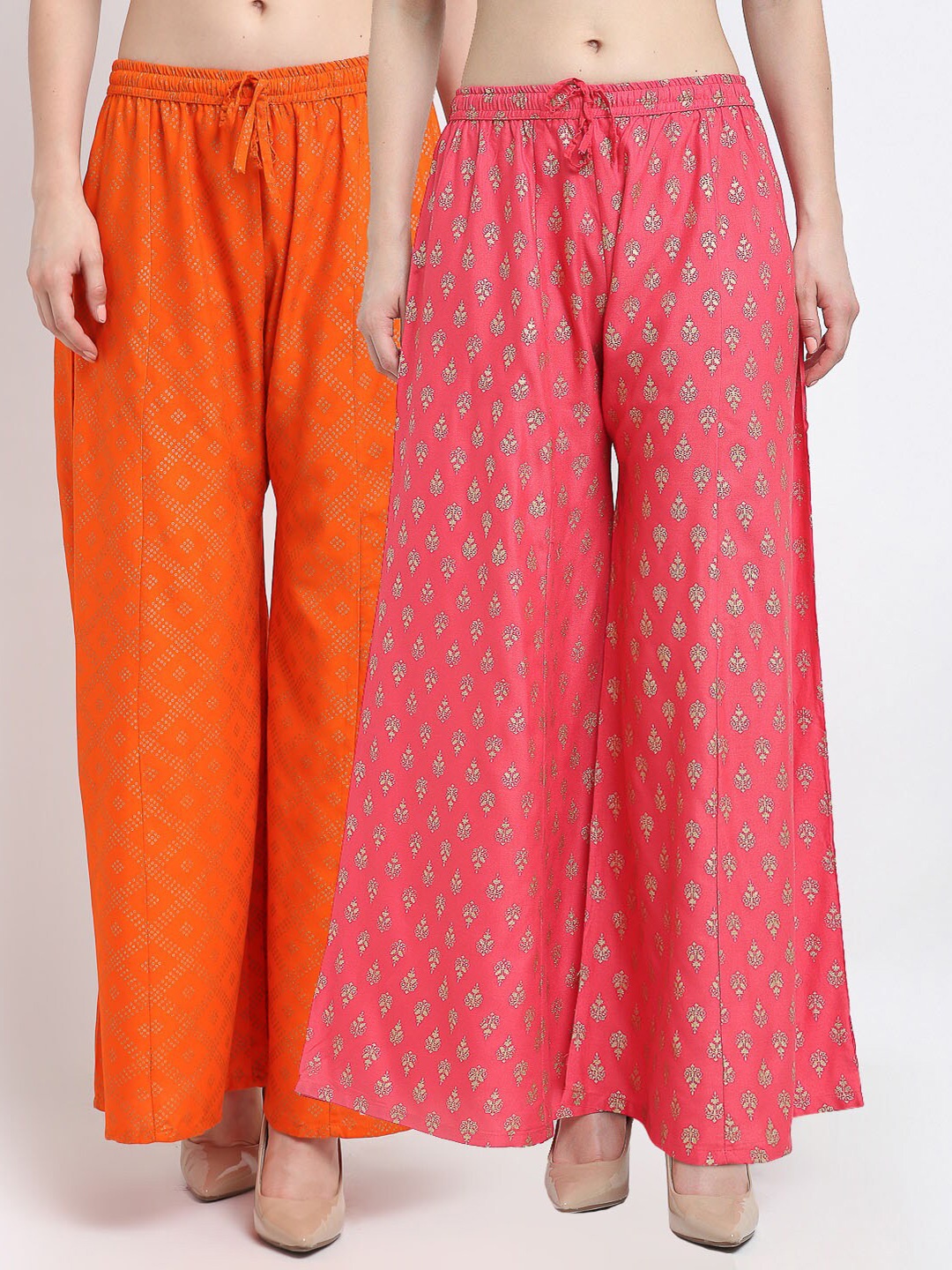 

GRACIT Women Pack of 2 Printed Flared Knitted Ethnic Palazzos, Orange