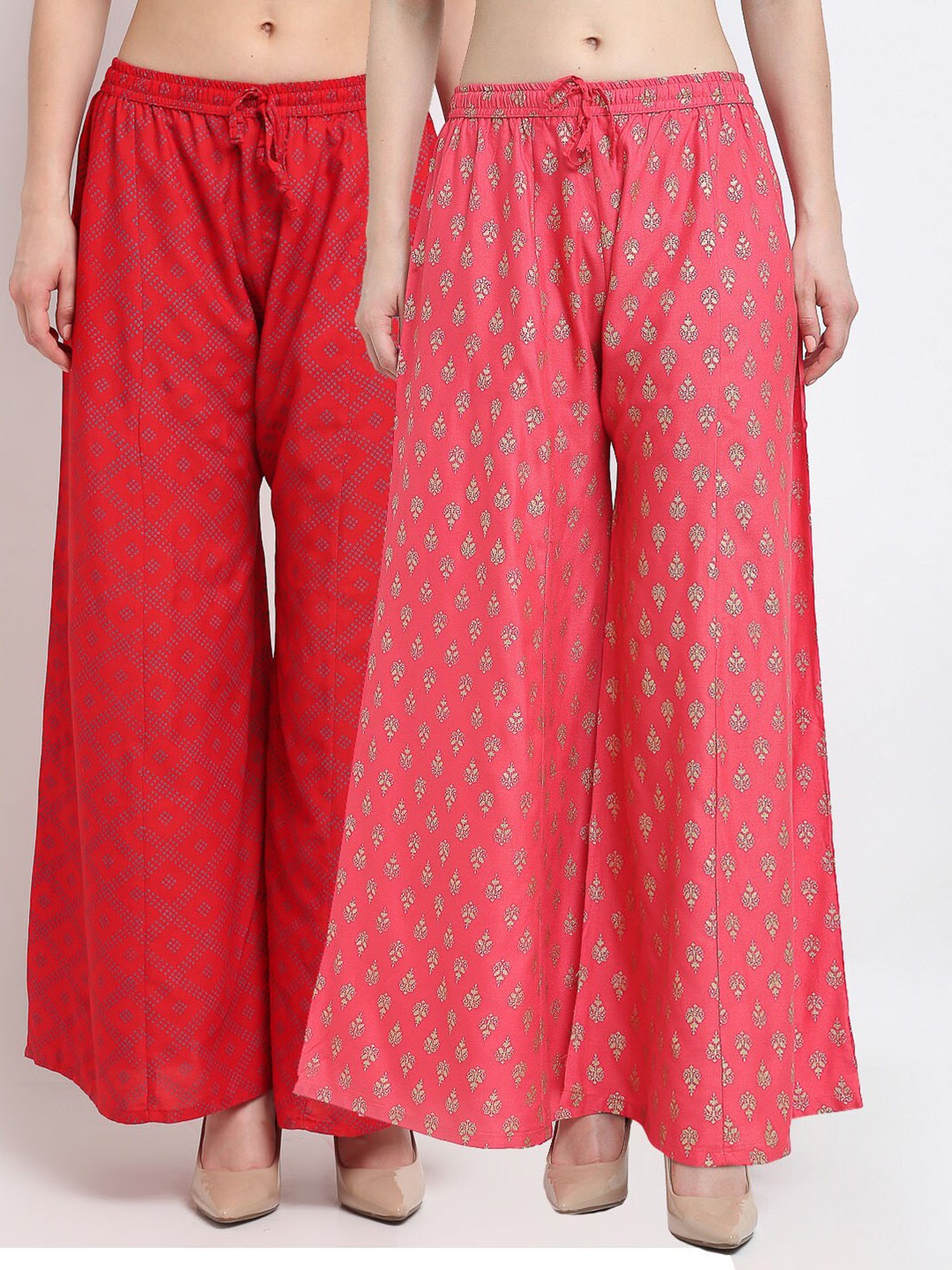 

GRACIT Women Red & Gold-Toned 2 Ethnic Motifs Printed Flared Knitted Palazzos