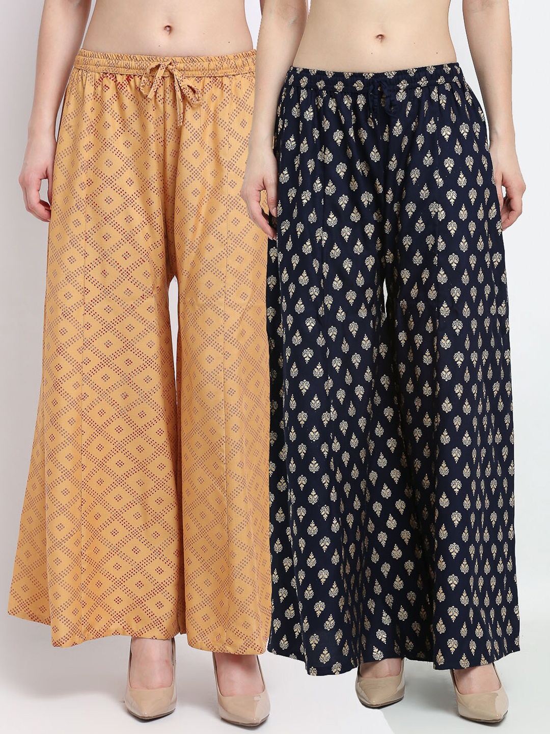 

GRACIT Women Pack Of 2 Beige & Black Printed Flared Knitted Ethnic Palazzos