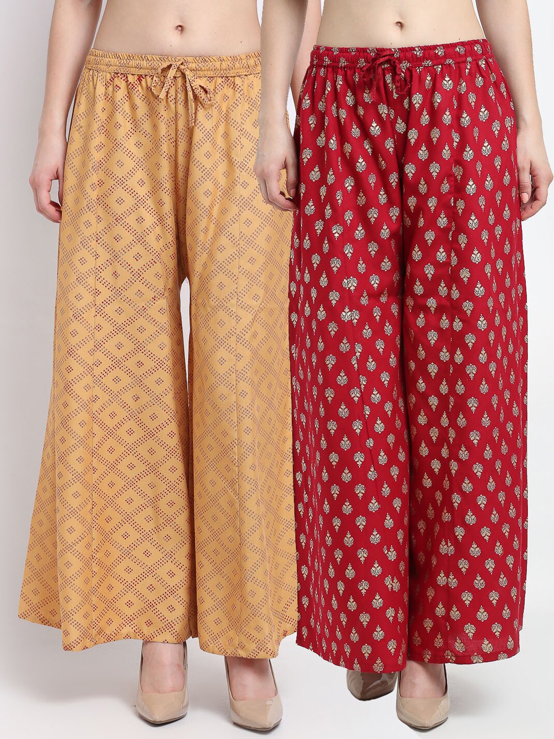 

GRACIT Women Set of 2 Beige & Red Ethnic Motifs Printed Flared Palazzos
