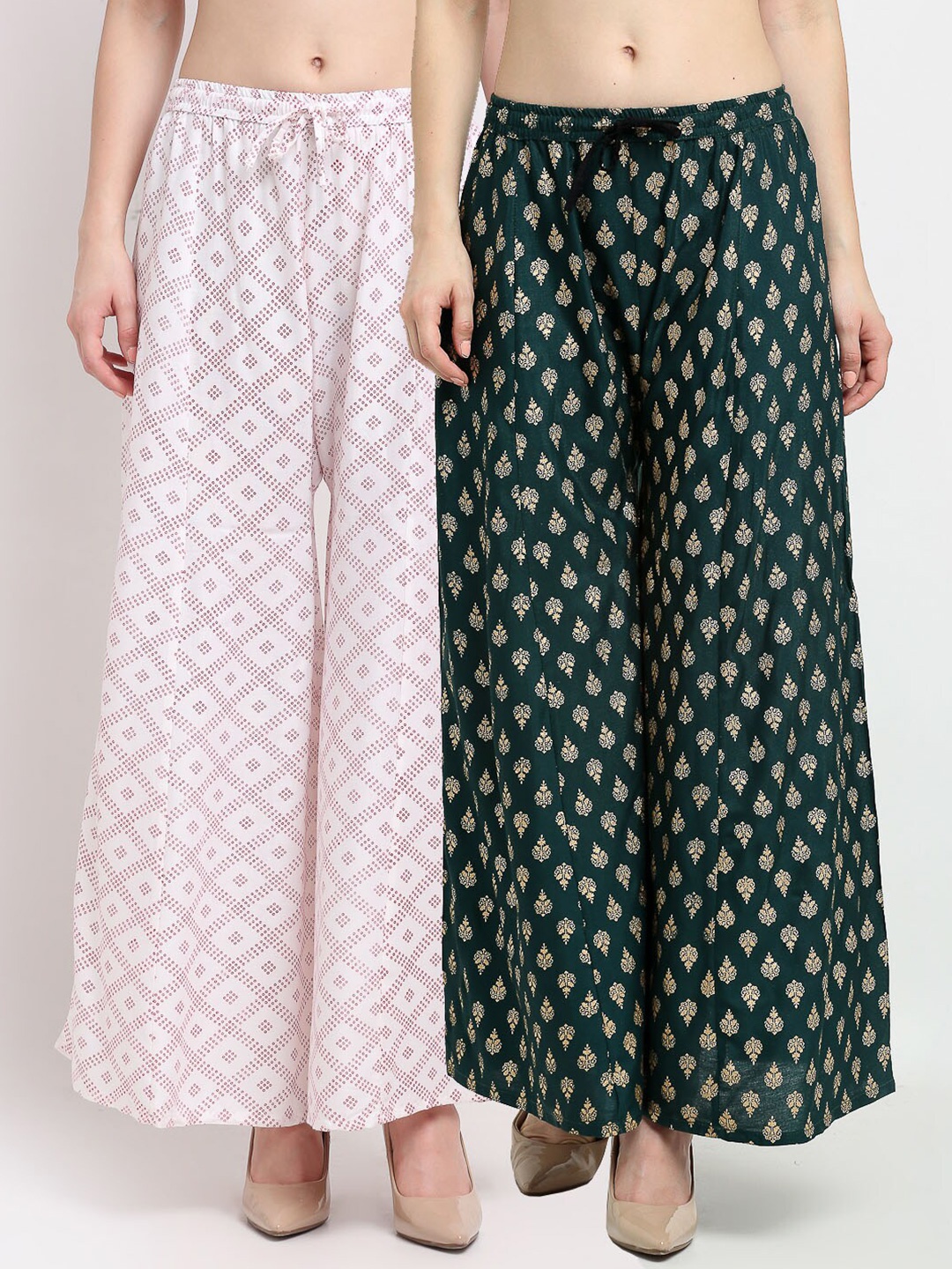 

GRACIT Women White & Green Set of 2 Printed Flared Ethnic Palazzos