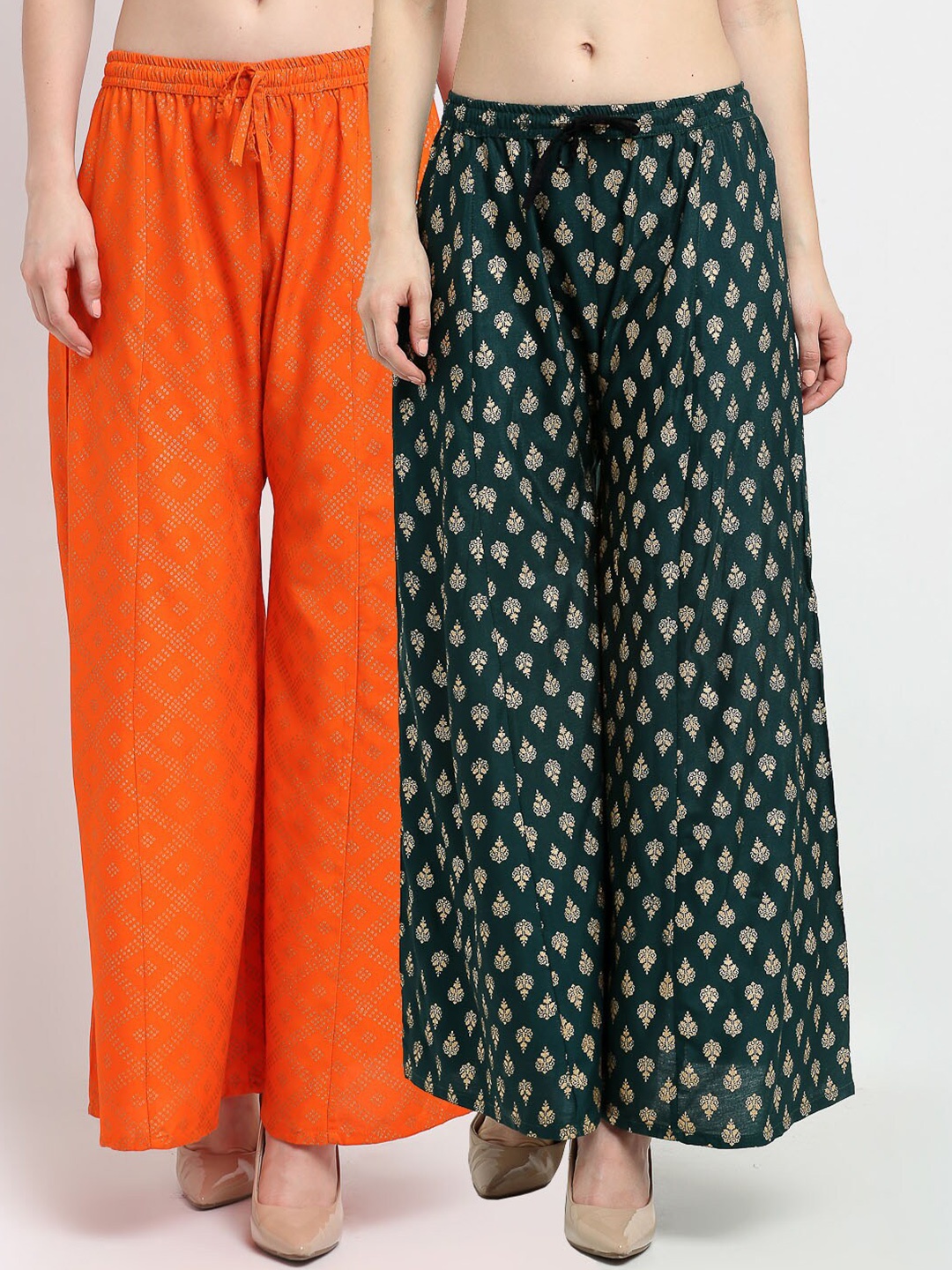 

GRACIT Women Pack Of 2 Orange & Green Ethnic Motifs Printed Flared Ethnic Palazzos