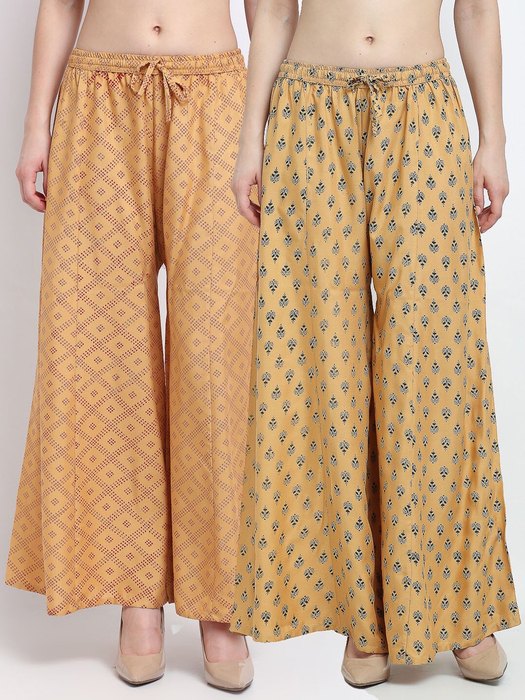 

GRACIT Women Beige Pack of 2 Ethnic Motifs Block Printed Flared Ethnic Palazzos