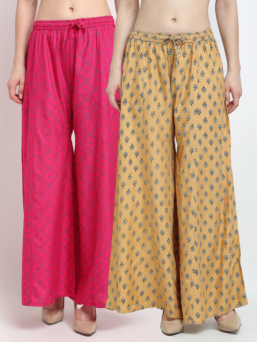 

GRACIT Women Pack of 2 Pink & Mustard Yellow Printed Flared Knitted Ethnic Palazzos