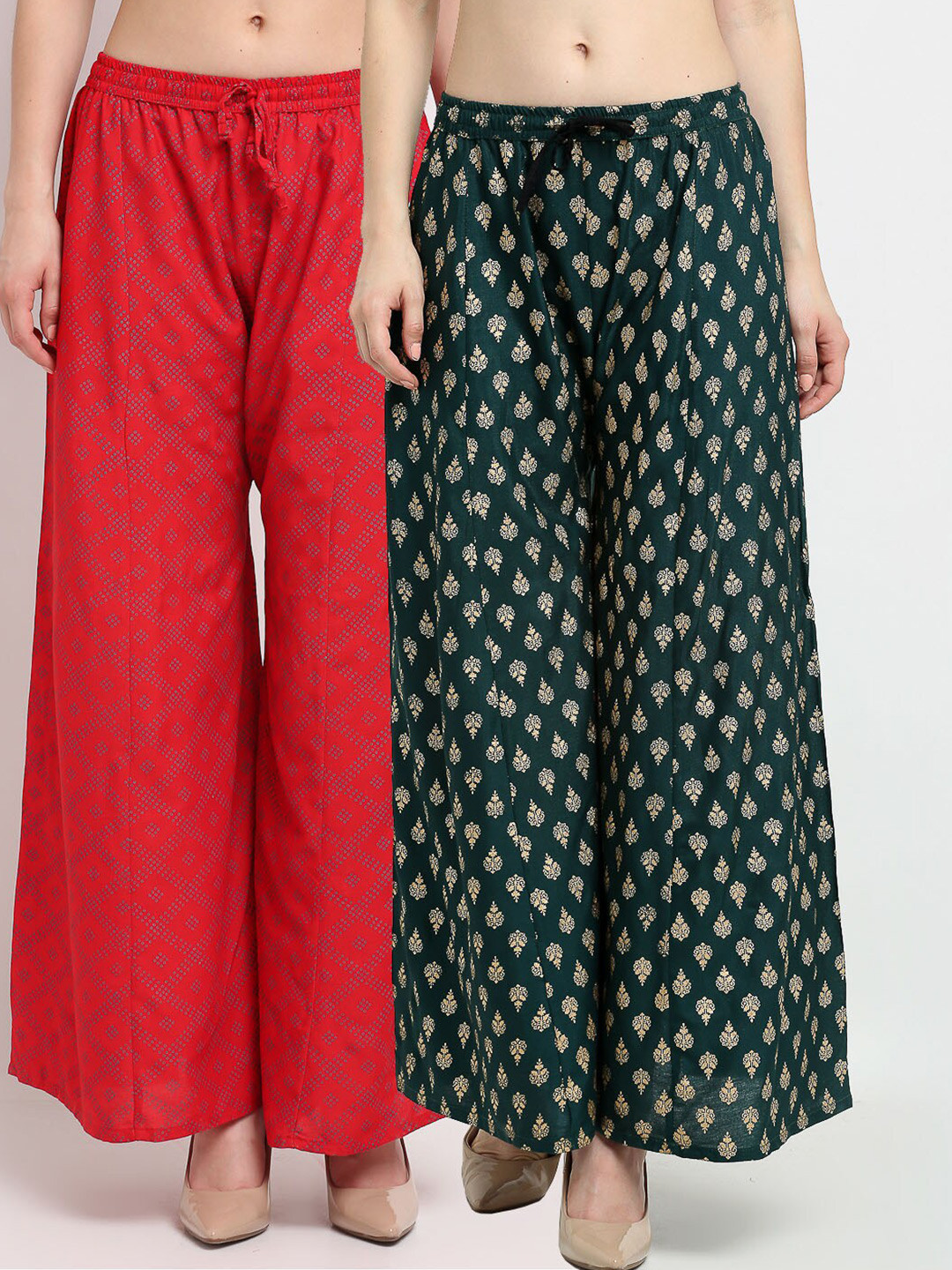 

GRACIT Women Pack Of 2 Ethnic Motifs Printed Flared Knitted Palazzos, Red