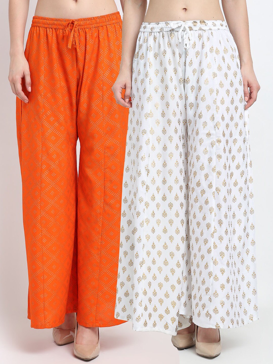 

GRACIT Women Pack Of 2 Orange & White Ethnic Motifs Printed Flared Ethnic Palazzos