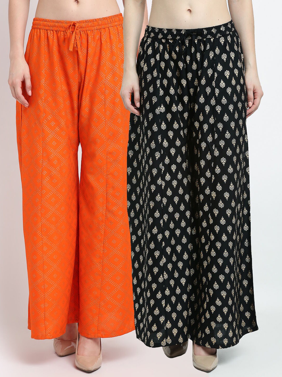 

GRACIT Women Orange & Black Pack of 2 Ethnic Motifs Printed Flared Knitted Ethnic Palazzos