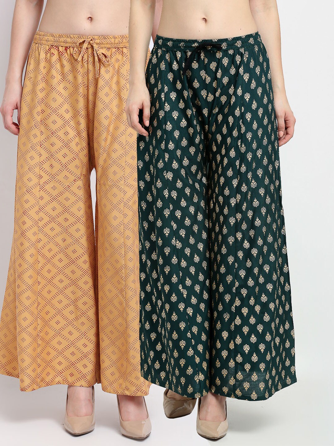 

GRACIT Women Set of 2 Beige & Green Ethnic Motifs Printed Flared Palazzos