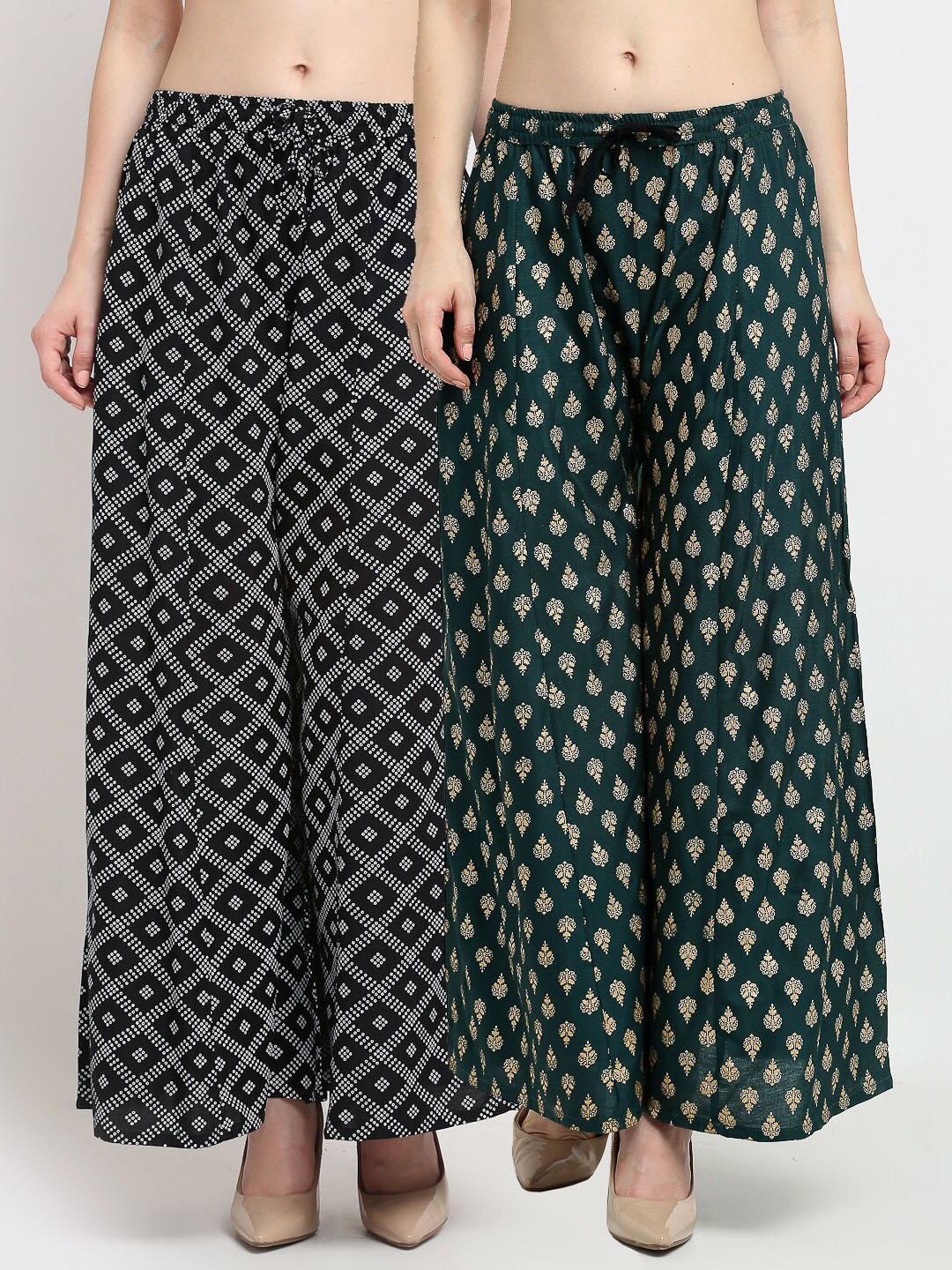

GRACIT Women Black & Green 2 Printed Flared Knitted Ethnic Palazzos