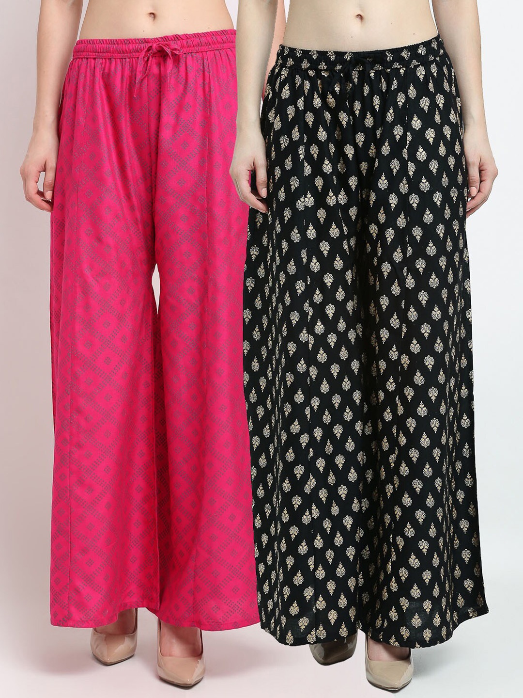 

GRACIT Women Pink & Black 2 Ethnic Motifs Printed Flared Knitted Ethnic Palazzos