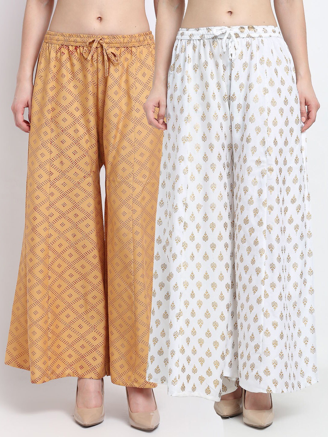 

GRACIT Women Pack Of 2 Beige & White Ethnic Motifs Printed Flared Ethnic Palazzos