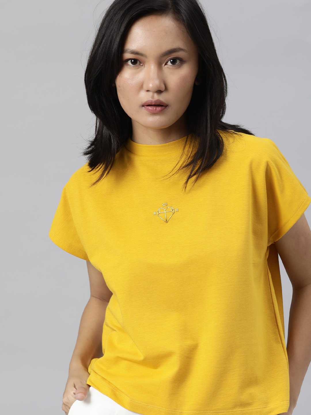 

RAREISM Women Yellow High Neck Extended Sleeves Loose T-shirt
