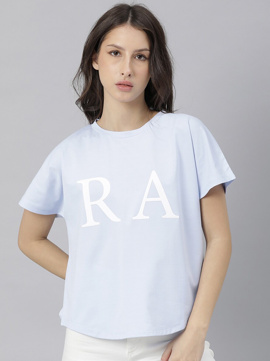 

RAREISM Women Blue Typography Printed Extended Sleeves T-shirt