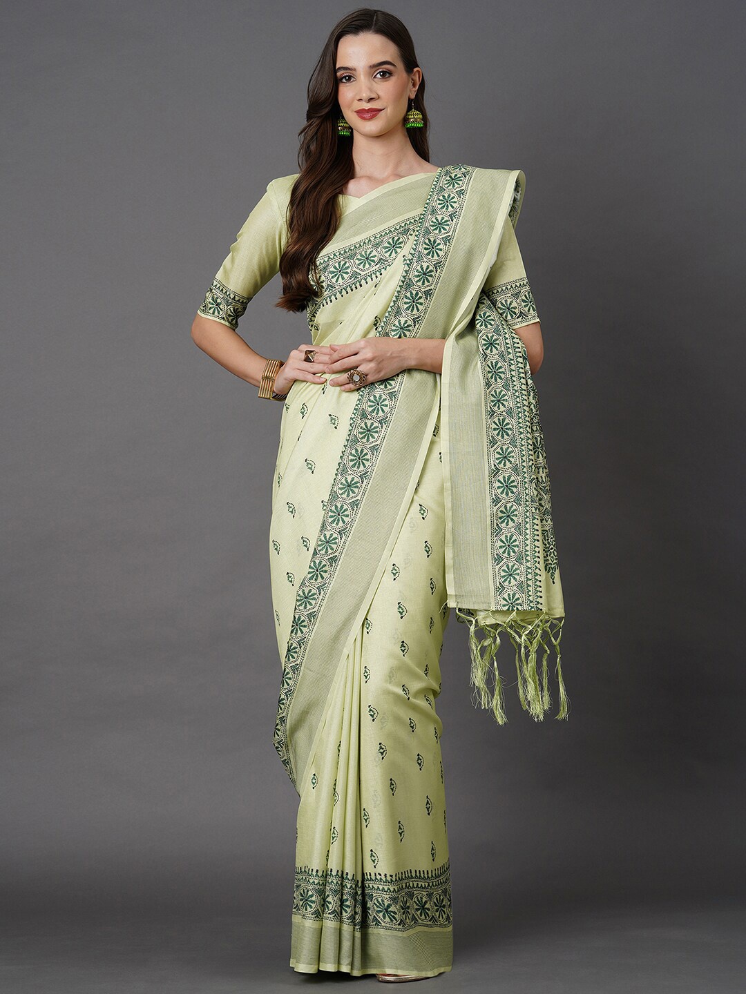 

Mitera Olive Green Ethnic Motifs Art Silk Saree