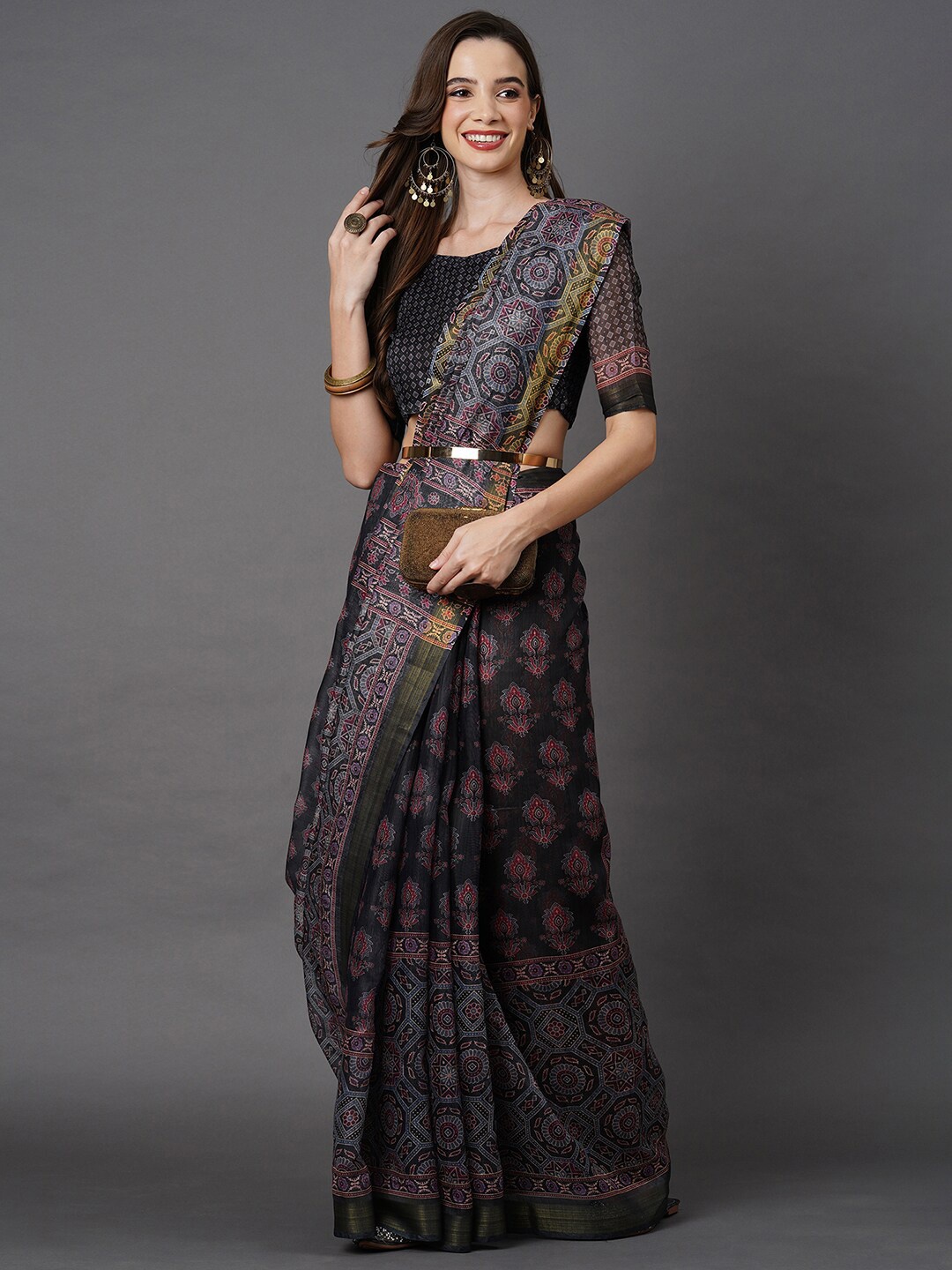 

Mitera Grey & Black Ethnic Motifs Linen Blend Saree