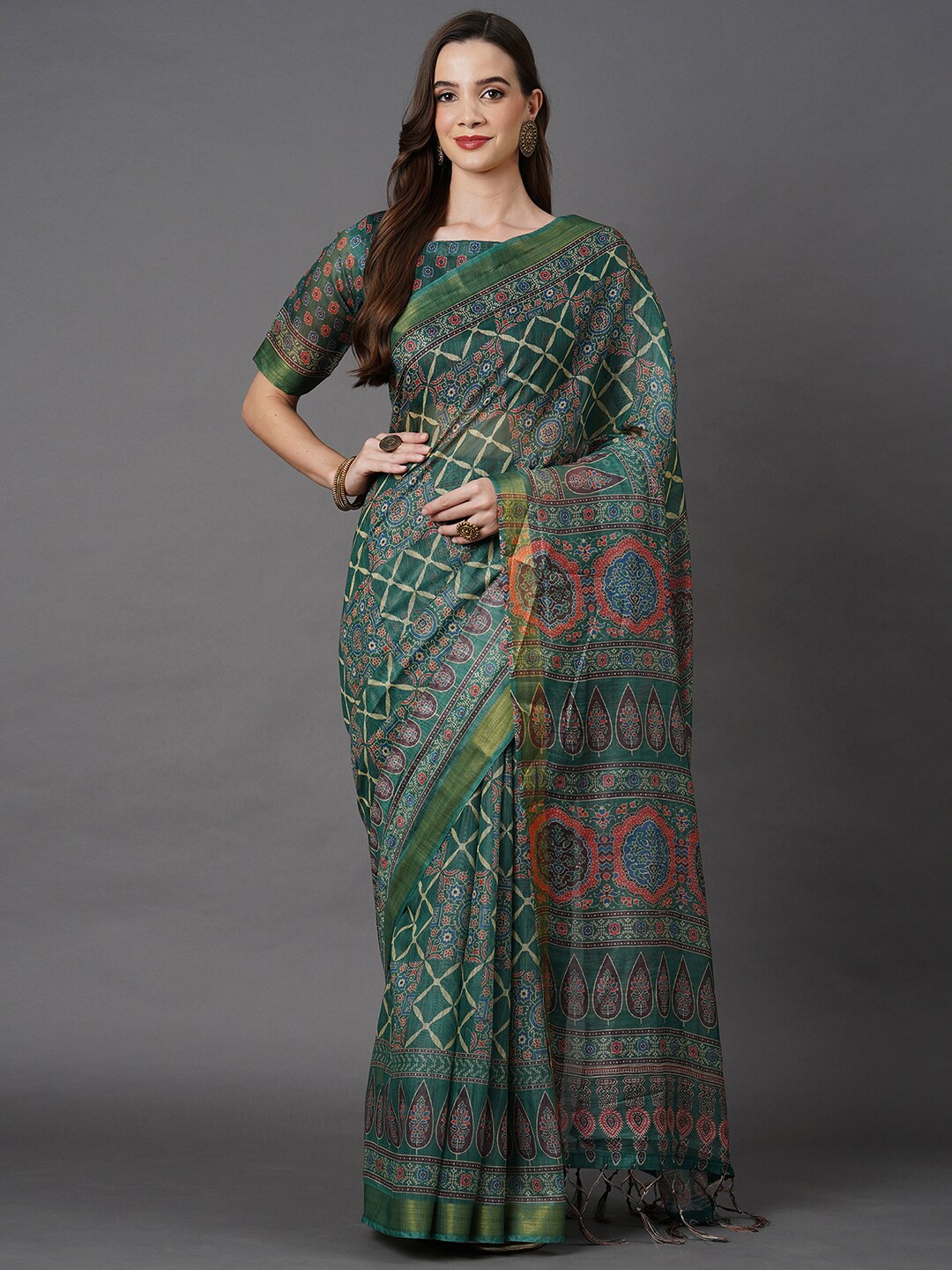 

Mitera Green & Red Ethnic Motifs Zari Linen Blend Saree