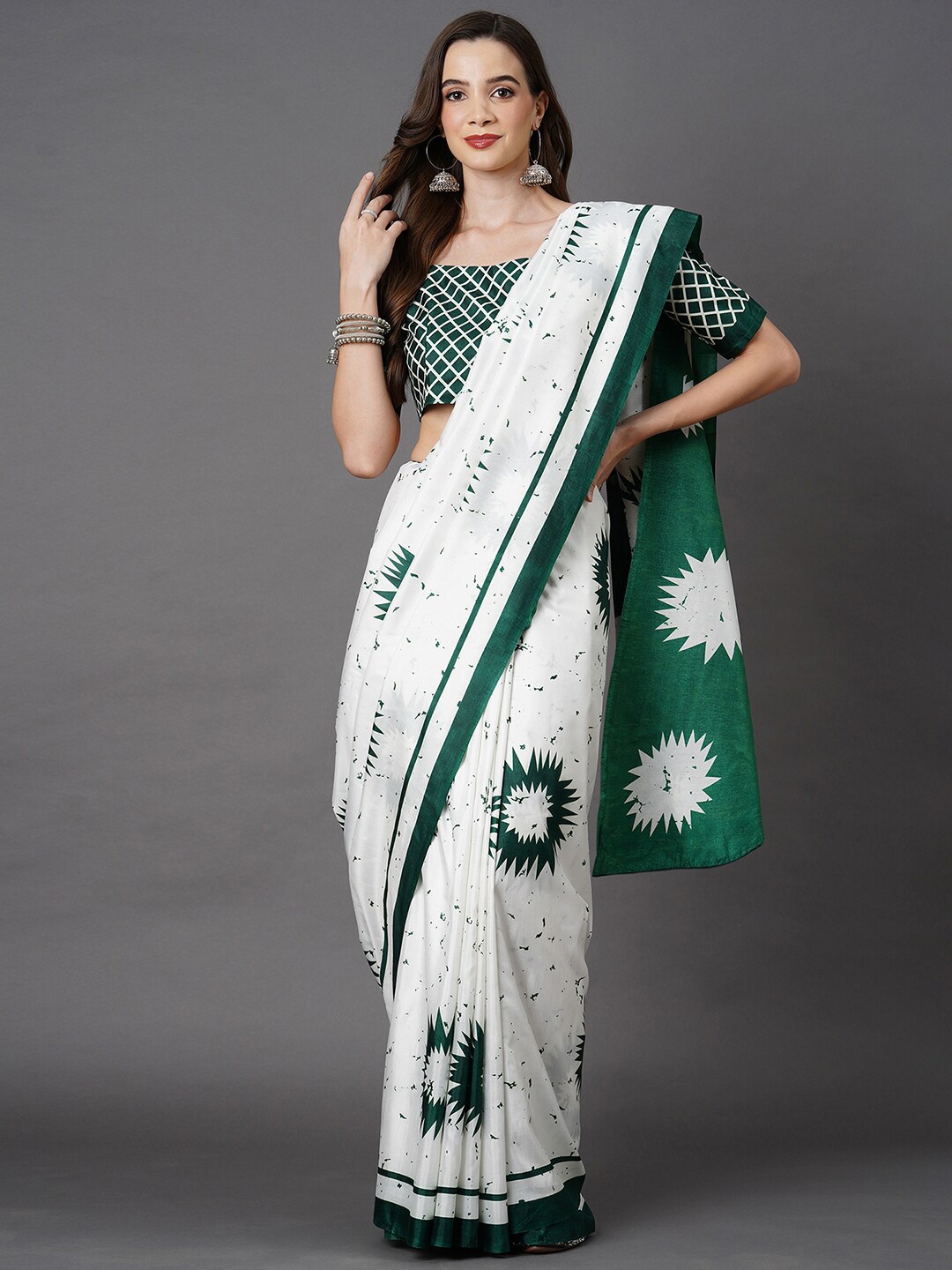 

Mitera White & Green Silk Blend Printed Saree