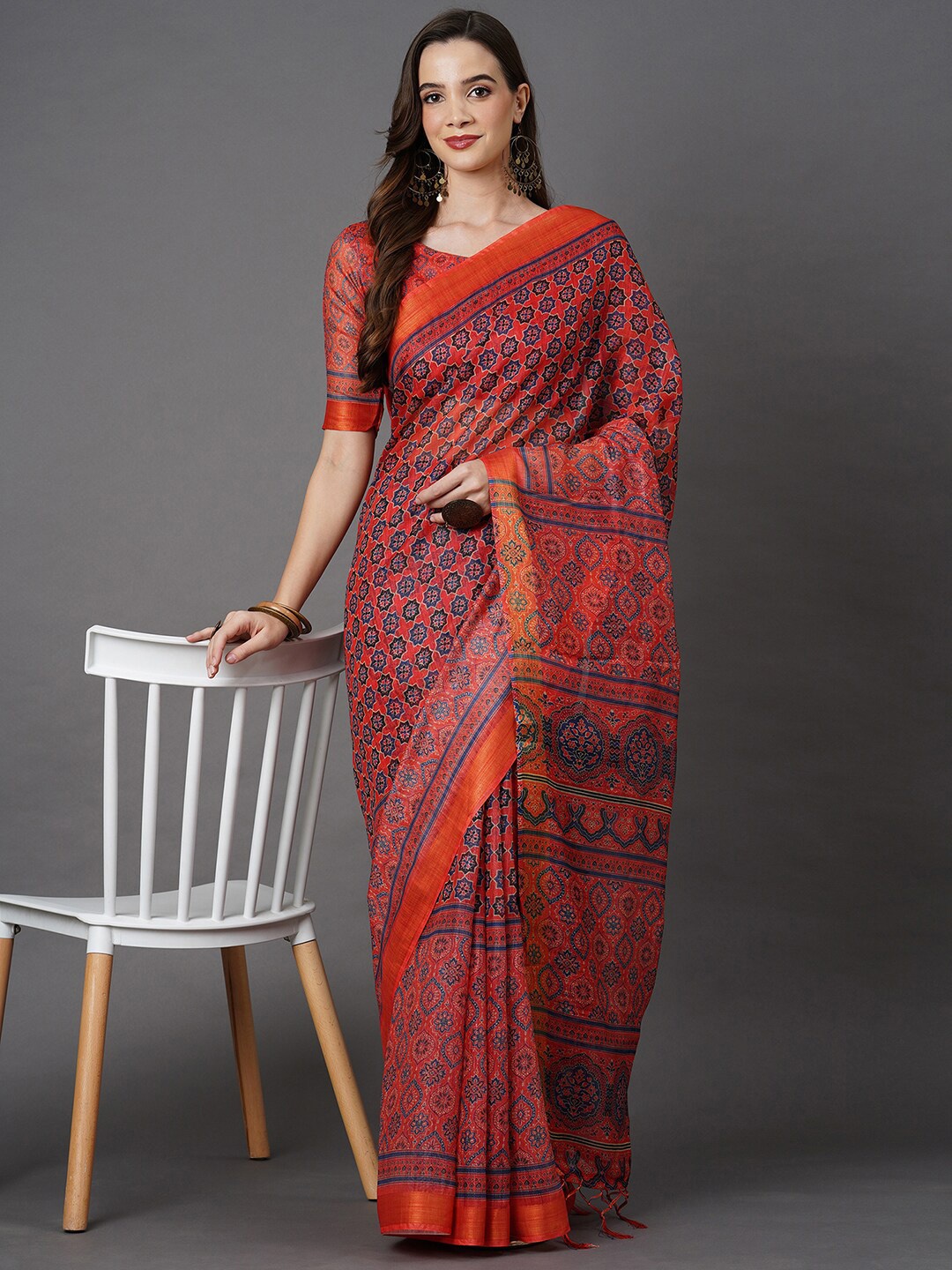 

Mitera Orange & Navy Blue Floral Linen Blend Saree