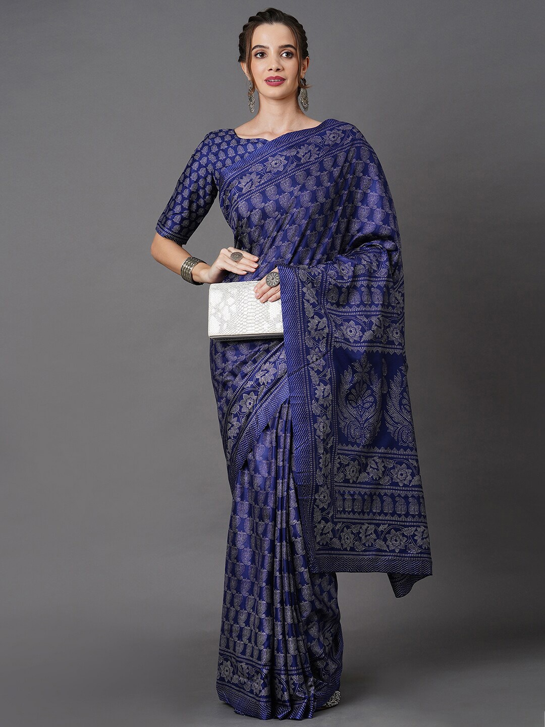 

Mitera Navy Blue & White Ethnic Motifs Printed Art Silk Saree