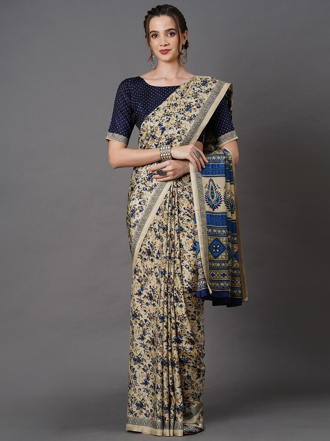 

Mitera Beige & Blue Floral Printed Poly Silk Saree