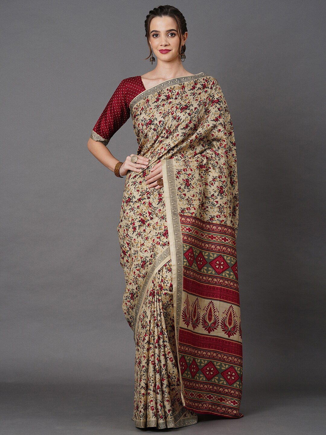 

Mitera Beige & Maroon Floral Saree