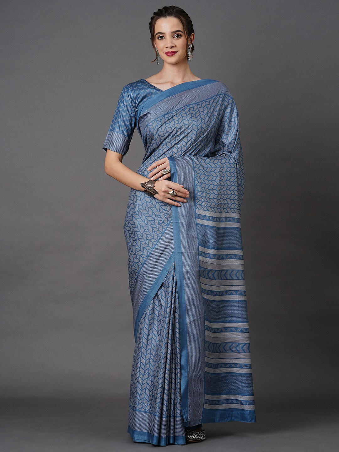 

Mitera Blue & Grey Printed Art Silk Saree