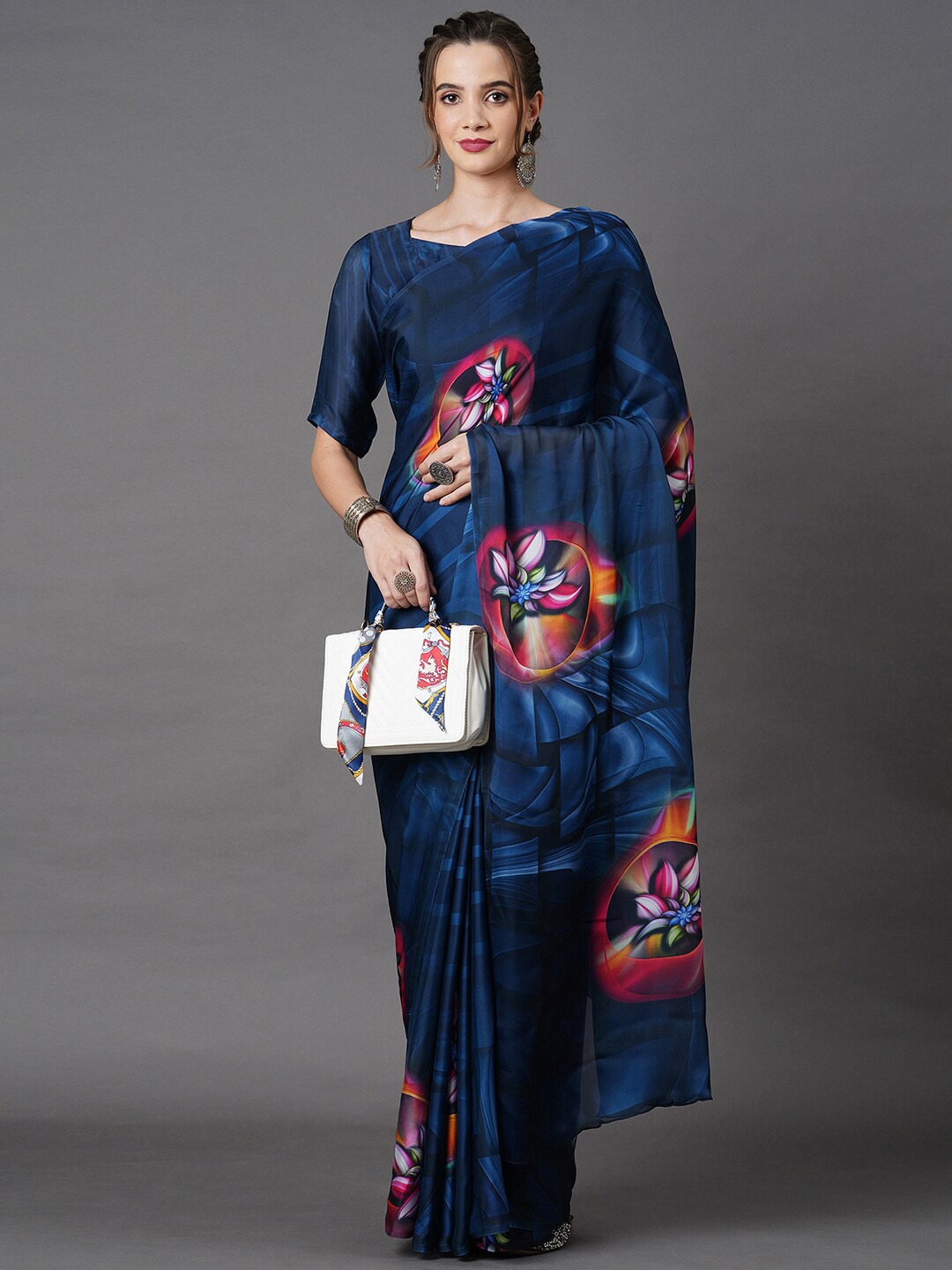 

Mitera Navy Blue Floral Satin Saree
