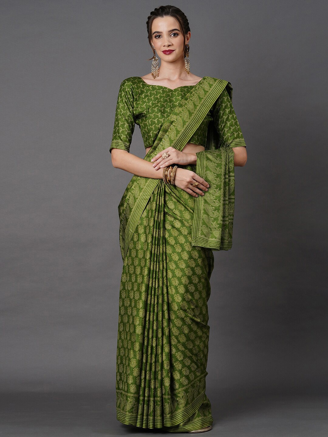 

Mitera Olive Green & White Floral Art Silk Saree