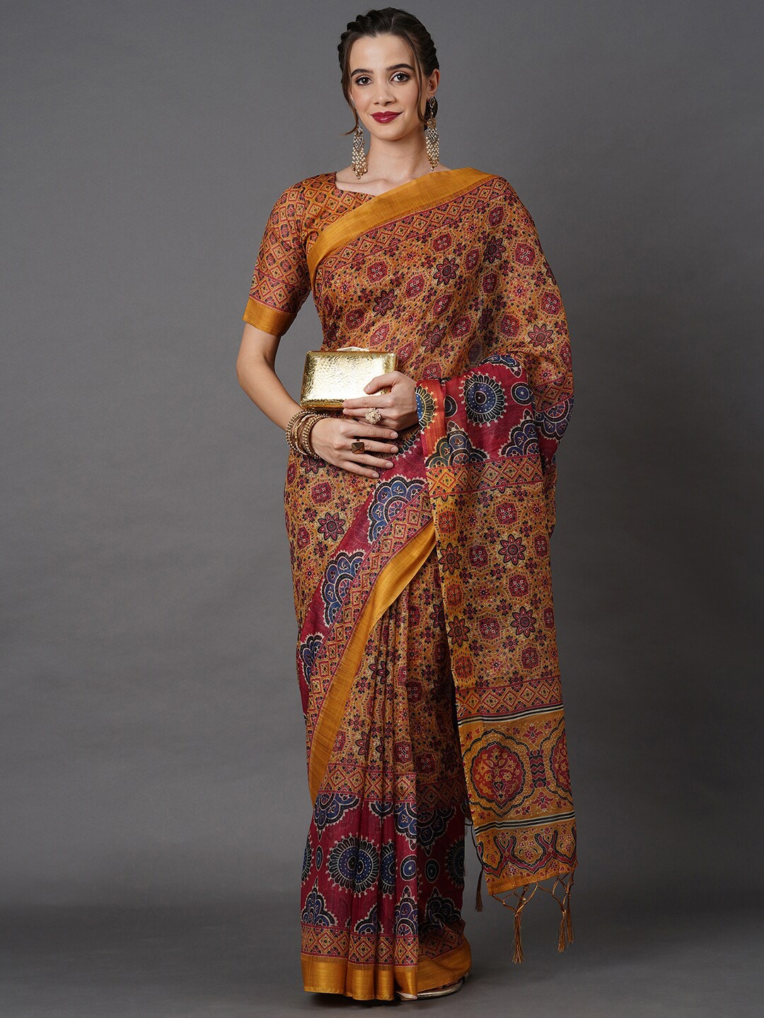 

Mitera Mustard Yellow & Blue Floral Linen Blend Saree