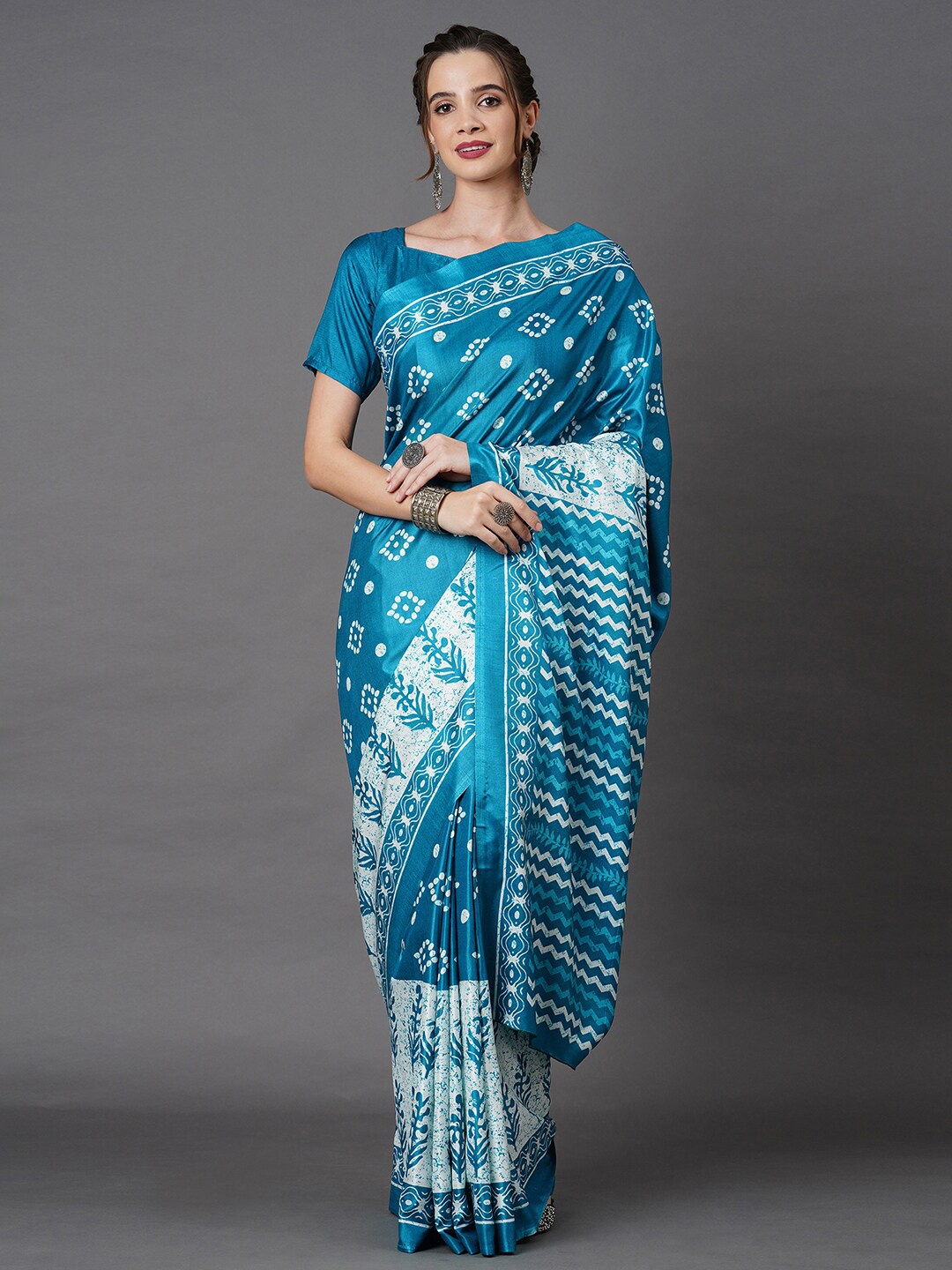 

Mitera Turquoise Blue Printed Silk Blend Saree