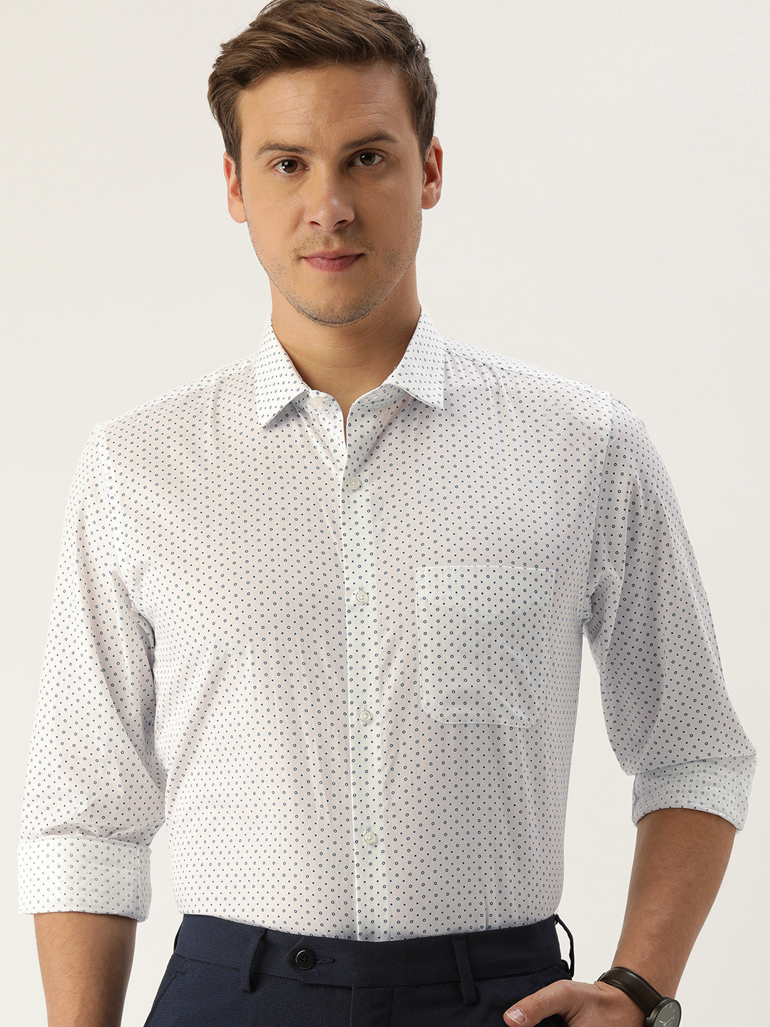 

Peter England Men White Micro Ditsy Printed Slim Fit Formal Shirt
