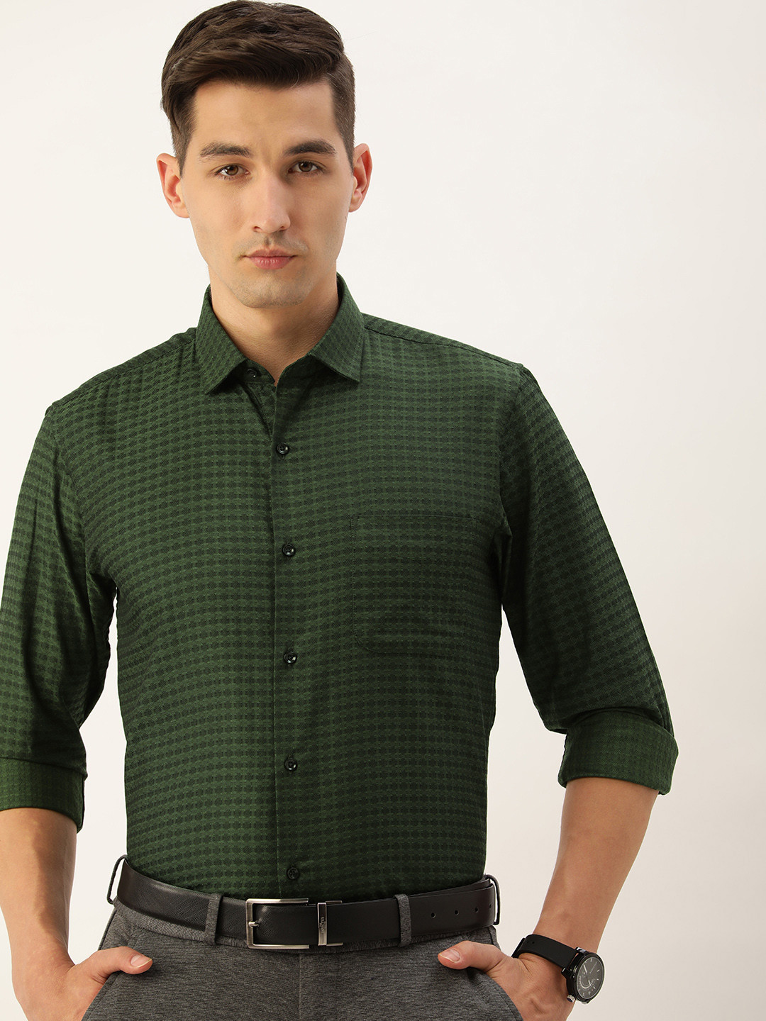 

Peter England Men Olive Green Slim Fit Formal Shirt