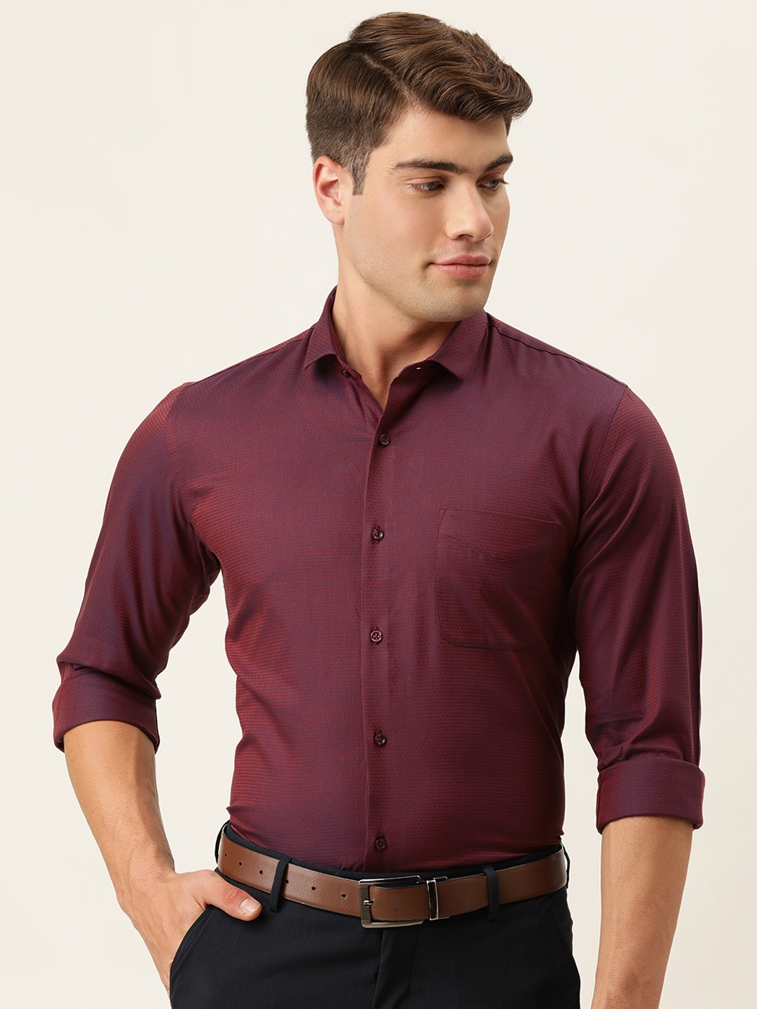 

Peter England Men Maroon Textured Slim Fit Formal Shirt