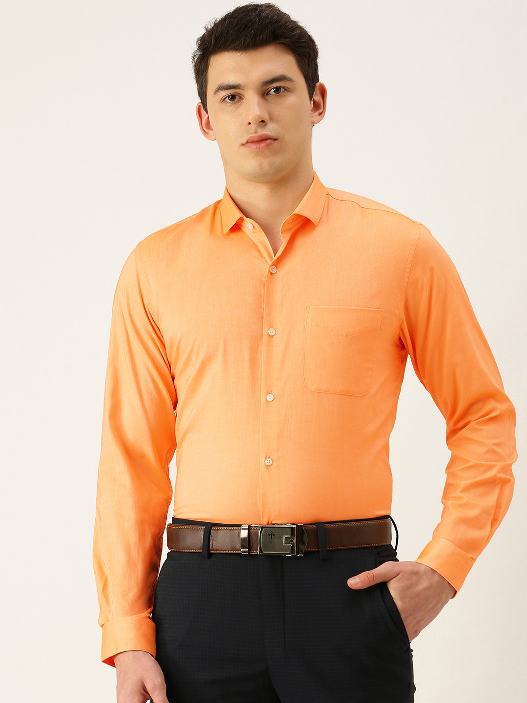 

Peter England Men Coral Orange Slim Fit Solid Formal Shirt