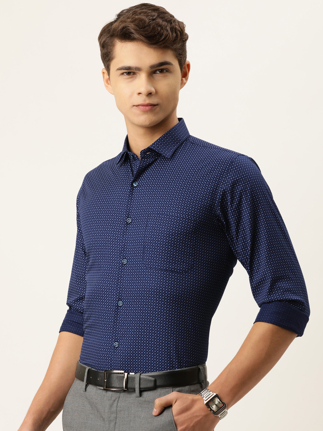 

Peter England Men Navy Blue Slim Fit Printed Pure Cotton Formal Shirt