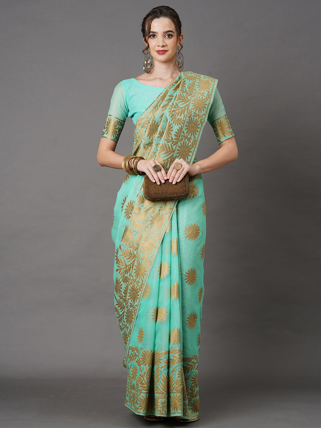 

Mitera Sea Green & Gold-Toned Floral Zari Saree