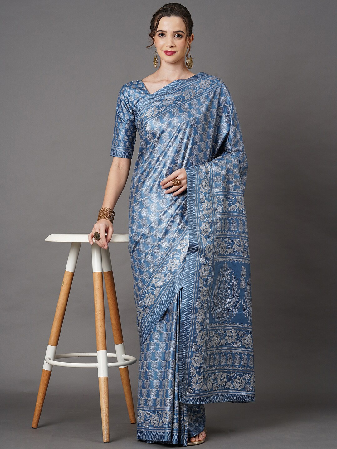 

Mitera Blue & Silver-Toned Floral Art Silk Saree